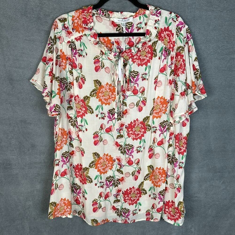 Rose And Olive Top Womens 2X Pink Floral Short Sleeve Flutter Boho Career Spring